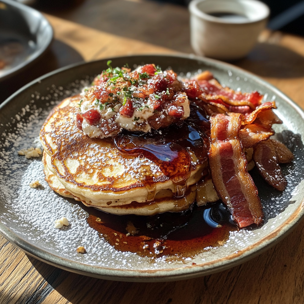 Une assiette de crêpes au bacon | Source : Midjourney