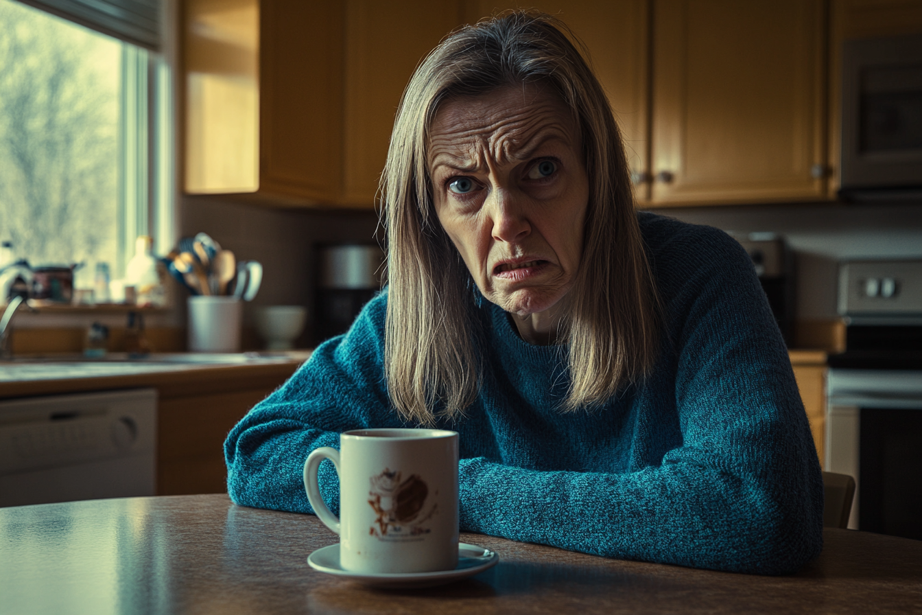 Une femme avec une tasse de café, assise à une table de cuisine, l'air en colère | Source : Midjourney