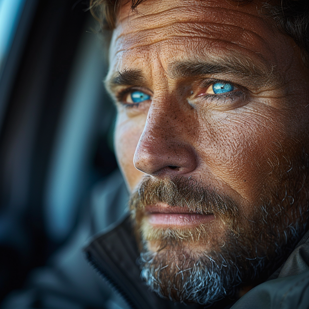 Homme nerveux aux yeux bleus dans sa voiture | Source : Midjourney