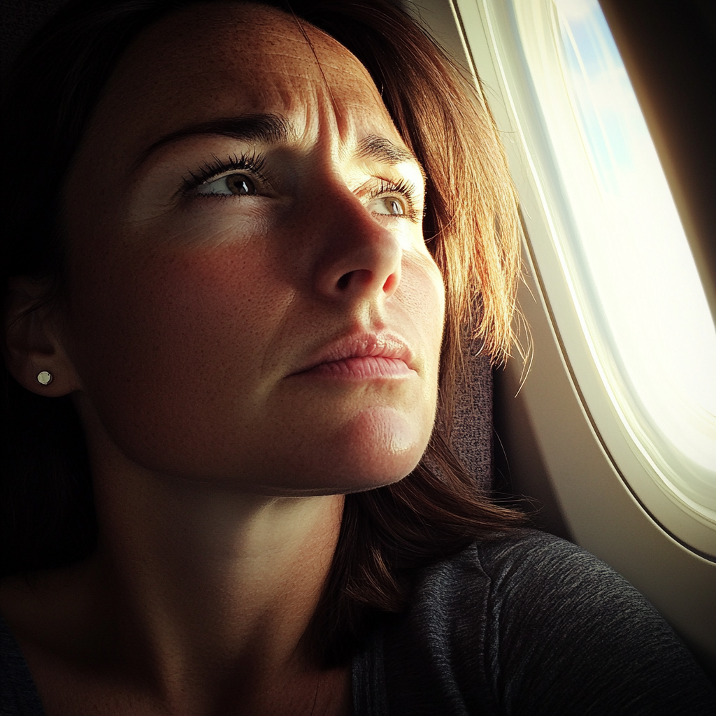 Une femme qui fronce les sourcils dans un avion | Source : Midjourney