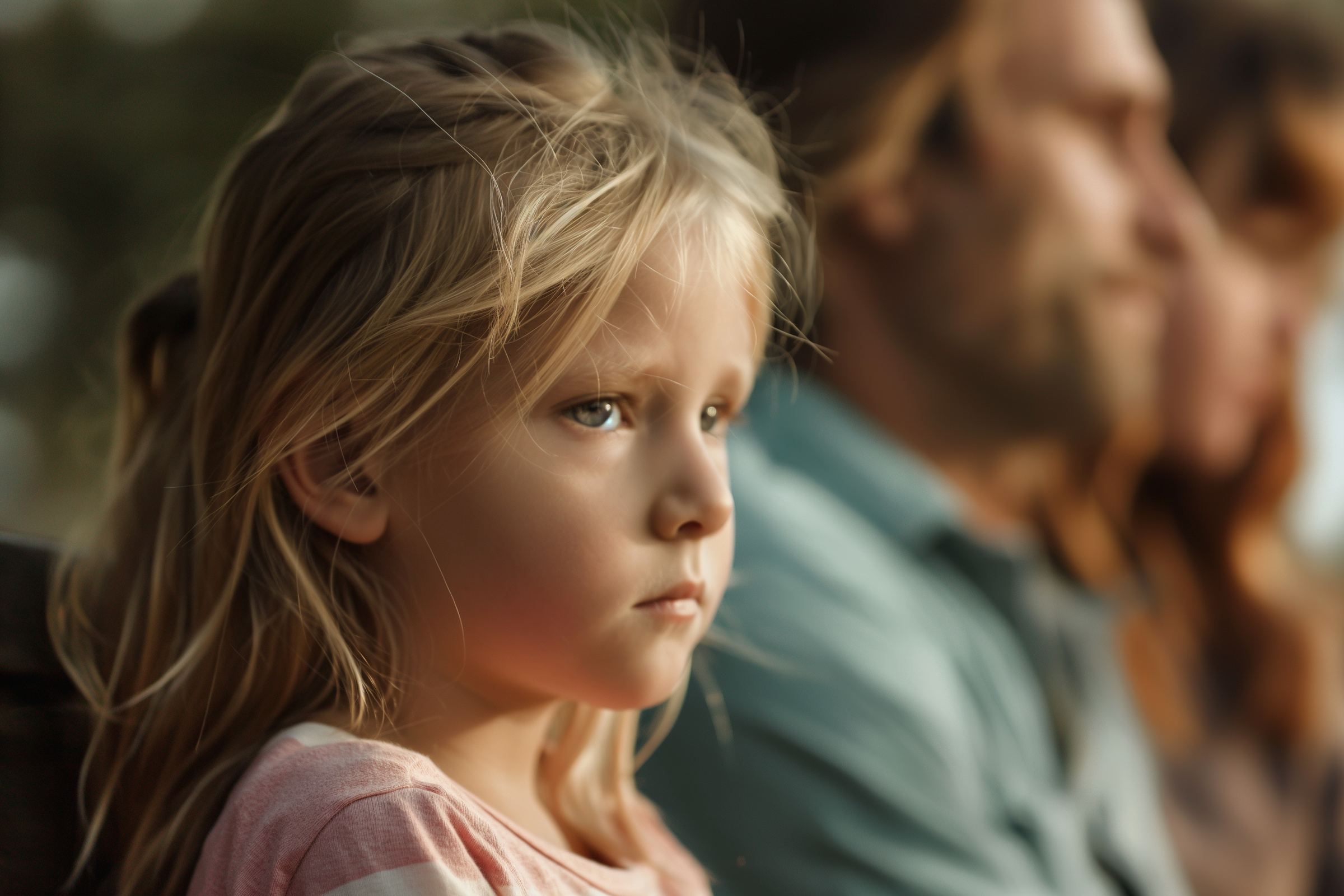 Une fille triste avec ses parents en arrière-plan | Source : Midjourney