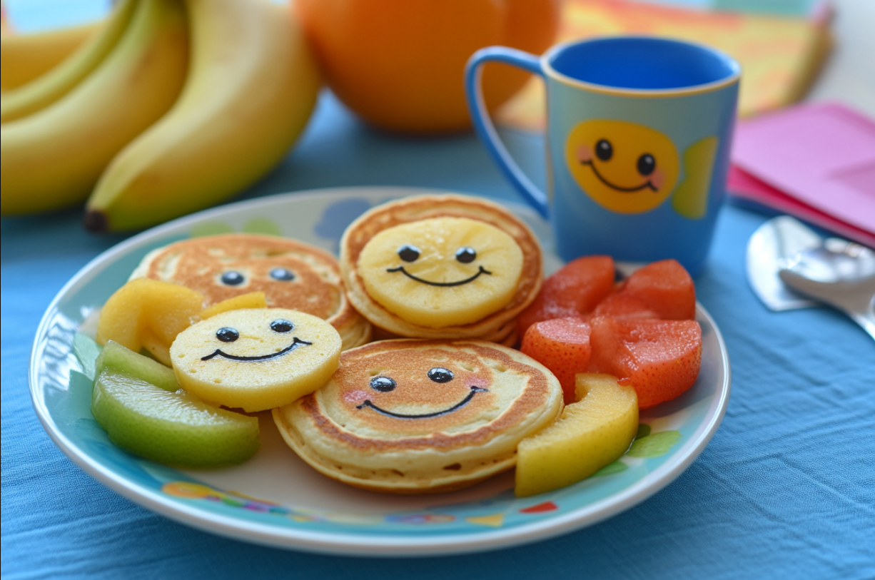 Une assiette de crêpes décorées et de fruits | Source : Midjourney