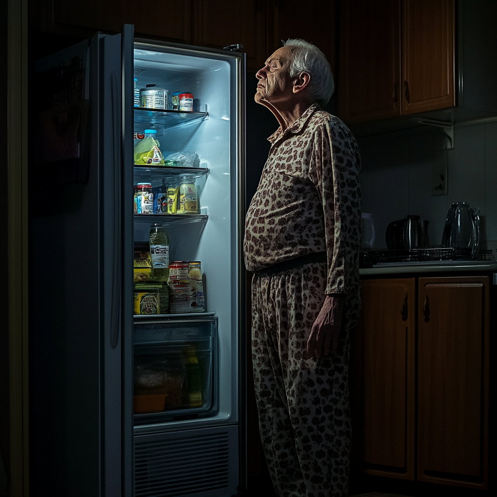 Un homme âgé debout devant un réfrigérateur | Source : Midjourney