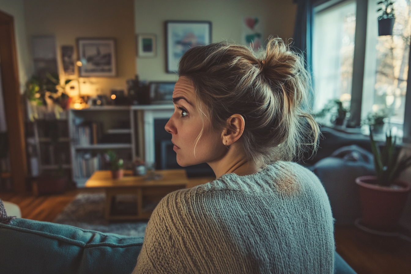 Une femme inquiète dans un salon | Source : Midjourney