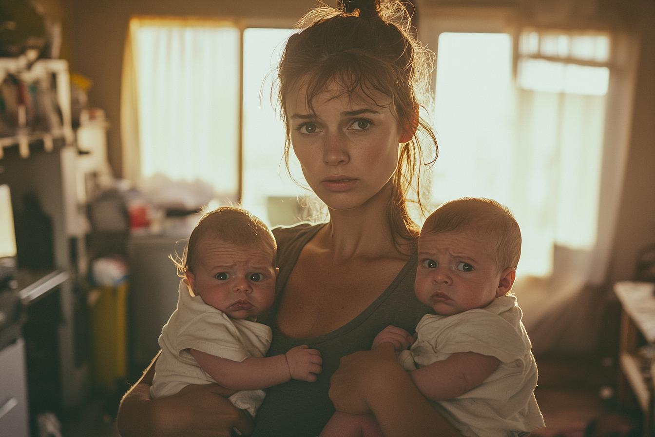 Jeune femme à l'allure ébouriffée tenant deux bébés jumeaux dans un appartement miteux | Source : Midjourney