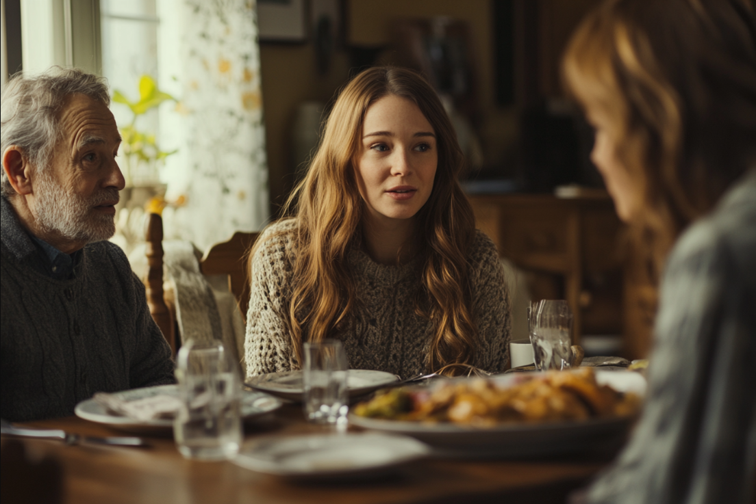 Une femme s'adressant à ses parents au cours d'un dîner | Source : Midjourney