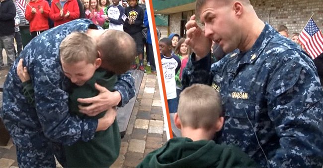 Le chef Robert Massard et son fils Ryan, âgé de 10 ans, s'embrassent et partagent un moment d'émotion ensemble. | Source : youtube.com/USA TODAY