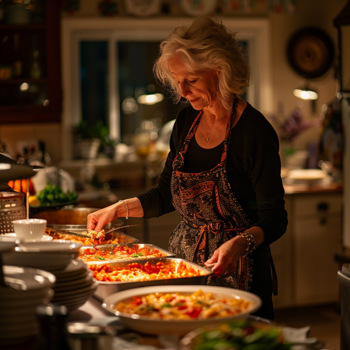 Une femme d'âge moyen préparant le dîner dans la cuisine | Source : Midjourney