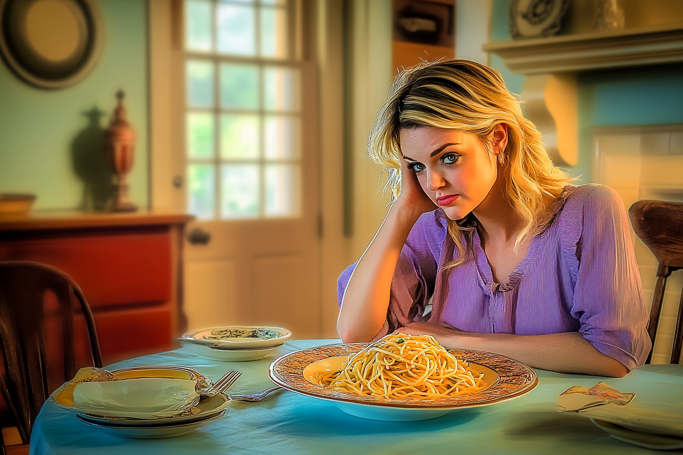 Une femme à l'air inquiet sur une table de dîner | Source : Midjourney