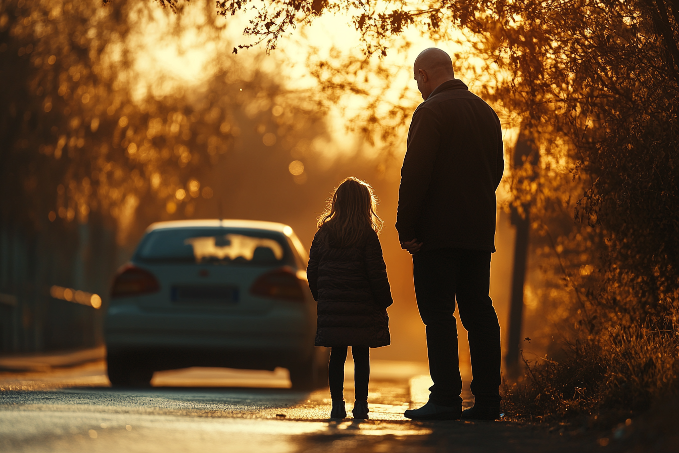 Un homme debout avec une petite fille sur le bord de la route | Source : Midjourney