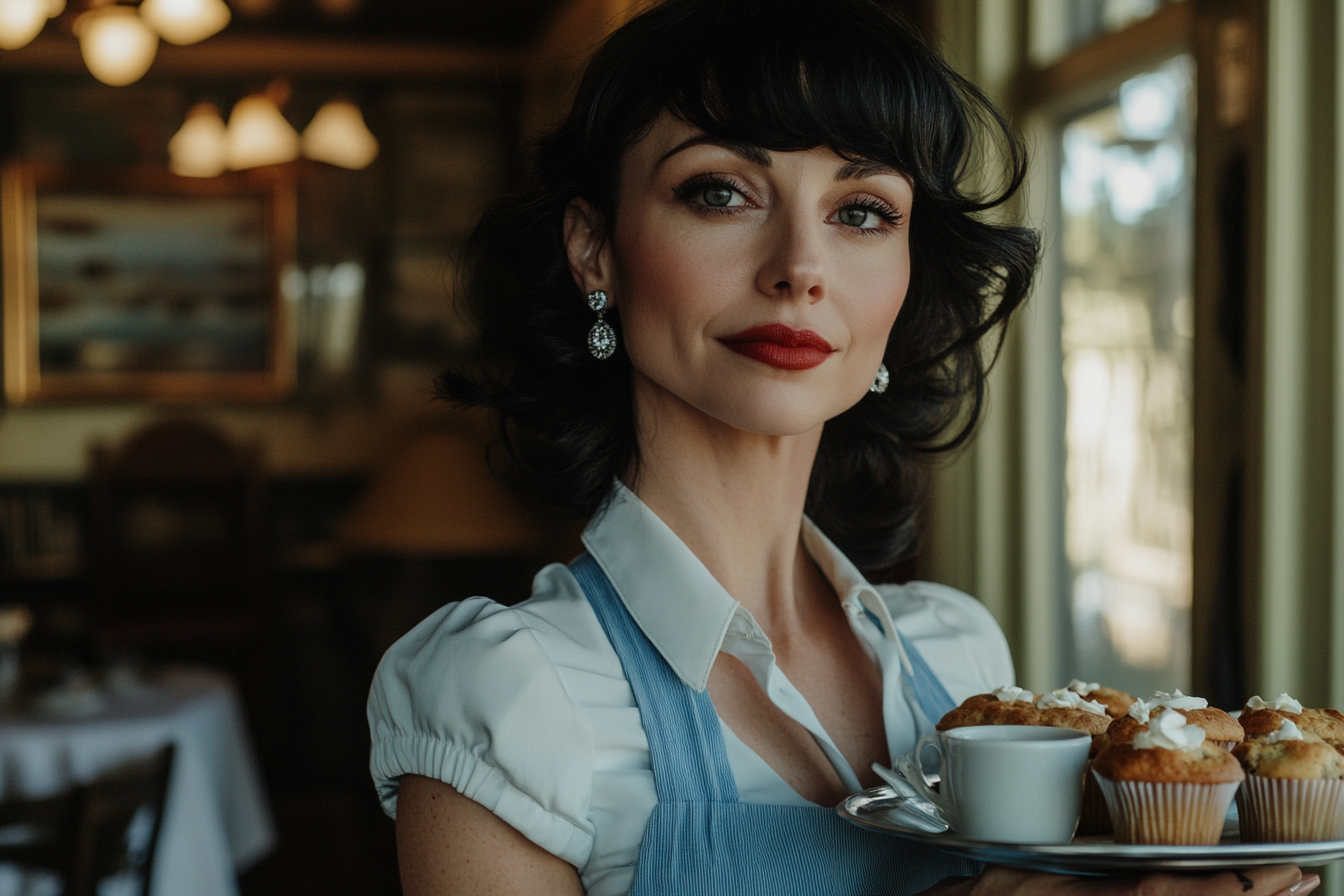 Une femme portant un uniforme bleu et blanc de serveuse travaillant dans un café | Source : Midjourney