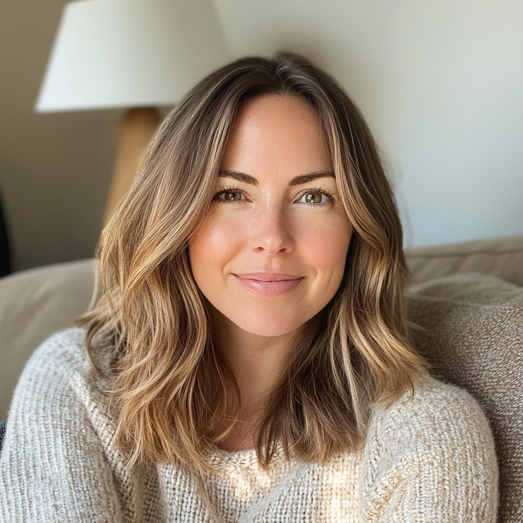 Gros plan d'une femme souriante assise sur un canapé | Source : Midjourney