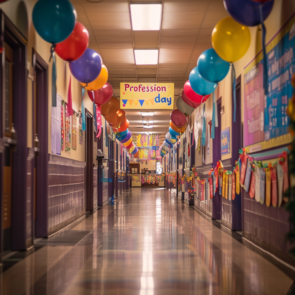 Un couloir d'école joliment décoré | Source : Midjourney