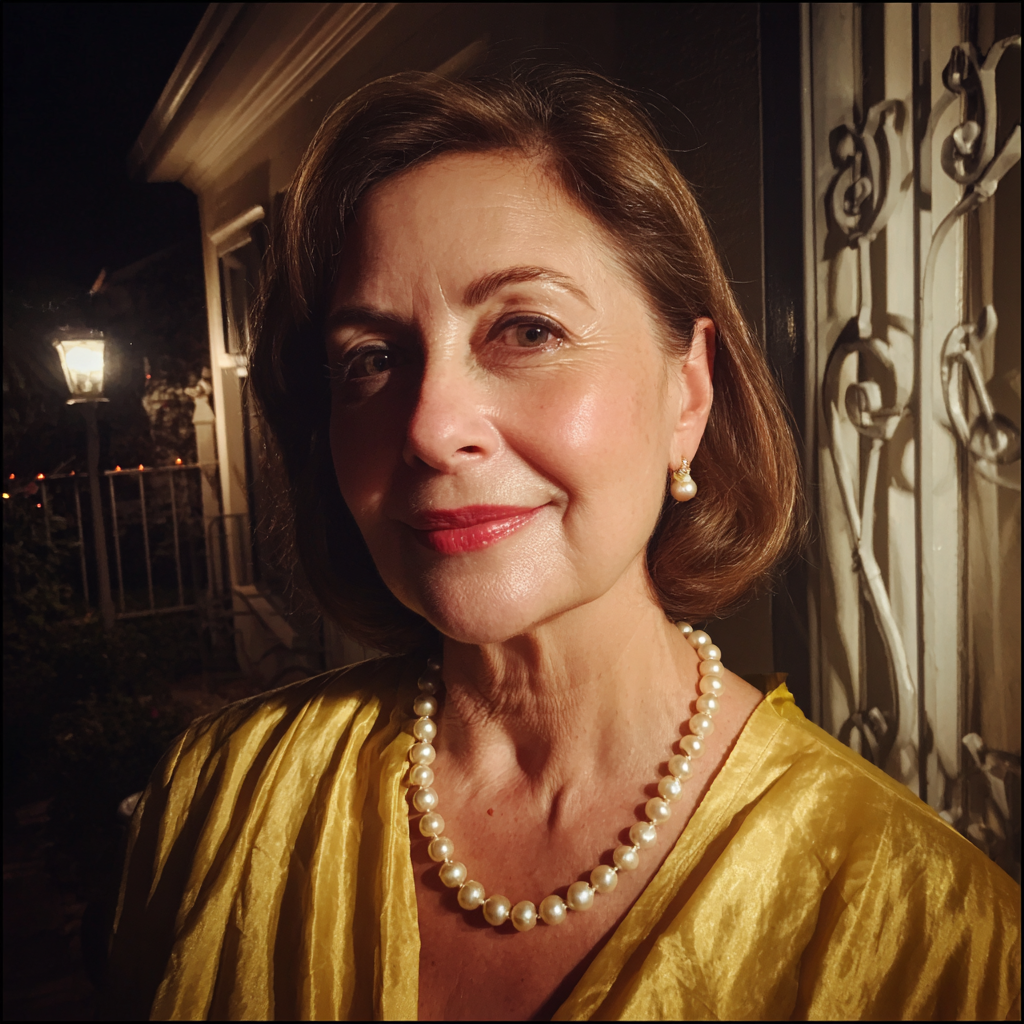 Une femme souriante se tenant devant une porte d'entrée | Source : Midjourney