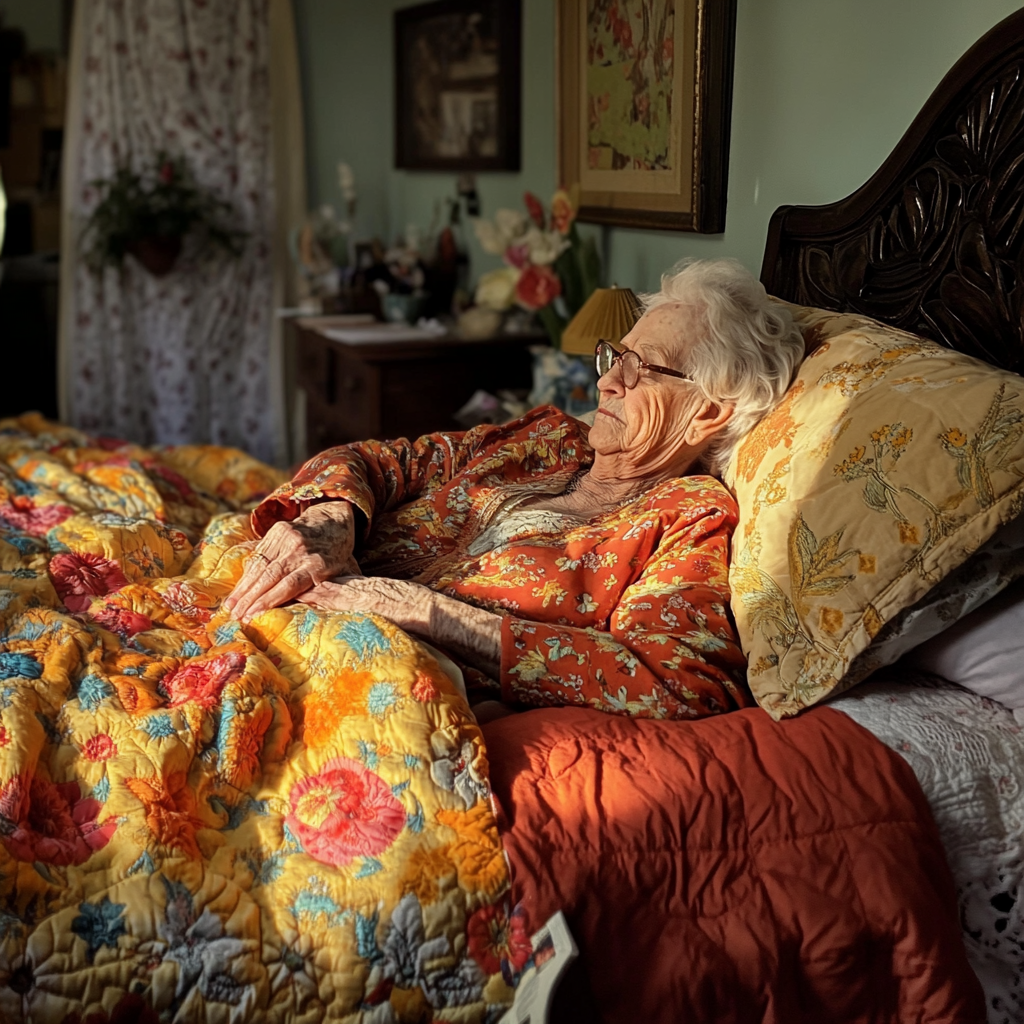 Femme âgée fortunée se détendant dans sa chambre à coucher | Source : Midjourney