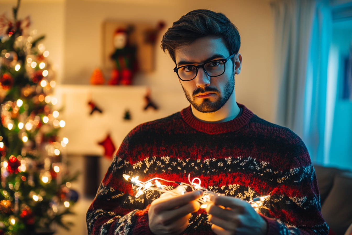 Un homme démêle les lumières de Noël dans son salon | Source : Midjourney