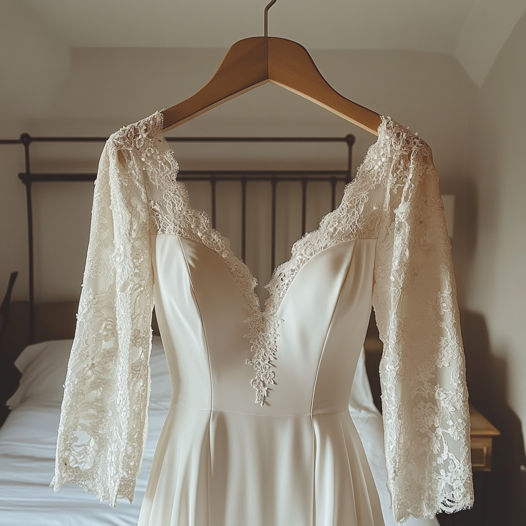 Une robe de mariée sur un cintre | Source : Midjourney