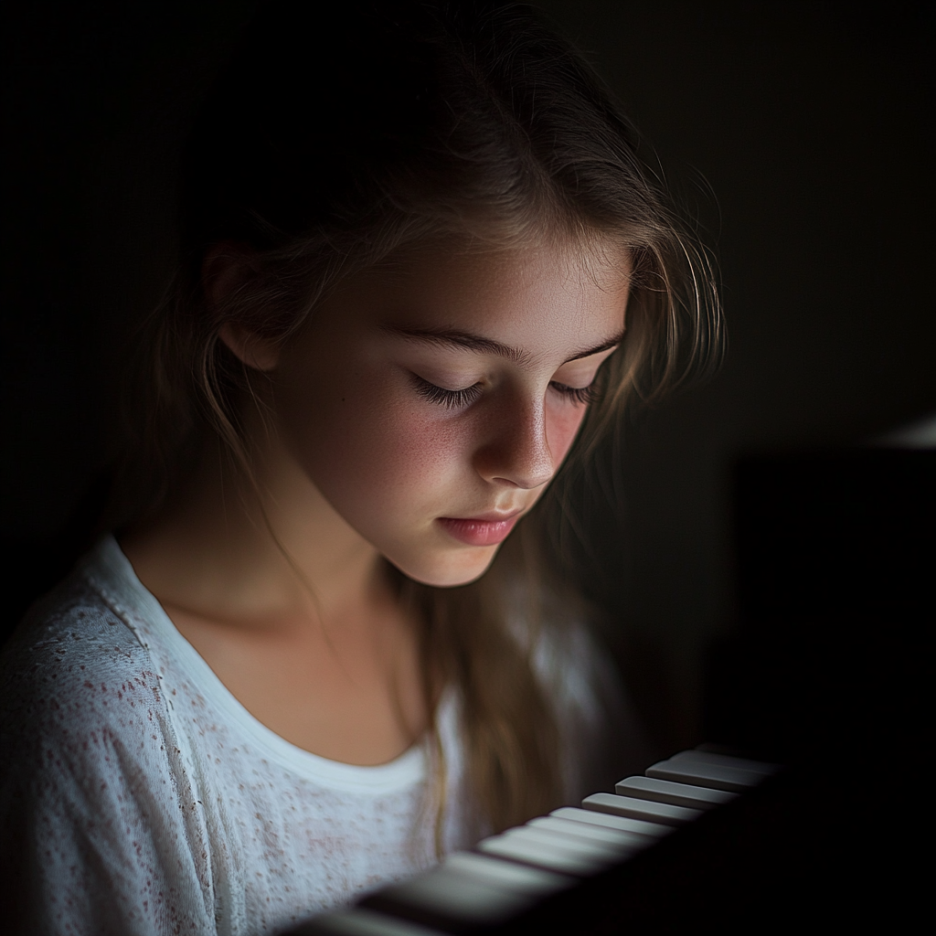 Une fille triste qui regarde son piano | Source : Midjourney