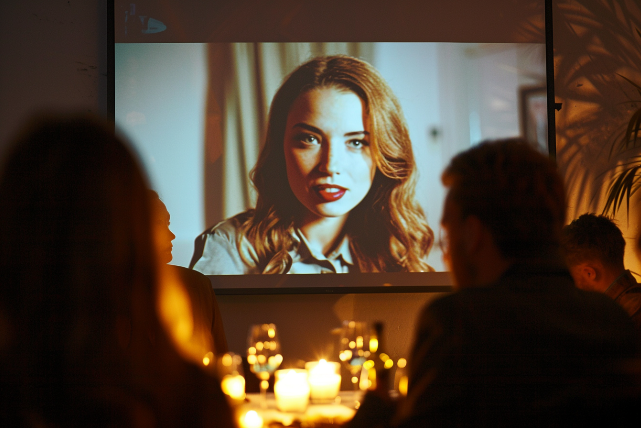 Un écran de projecteur montrant la vidéo d'une femme en train de parler | Source : MidJourney