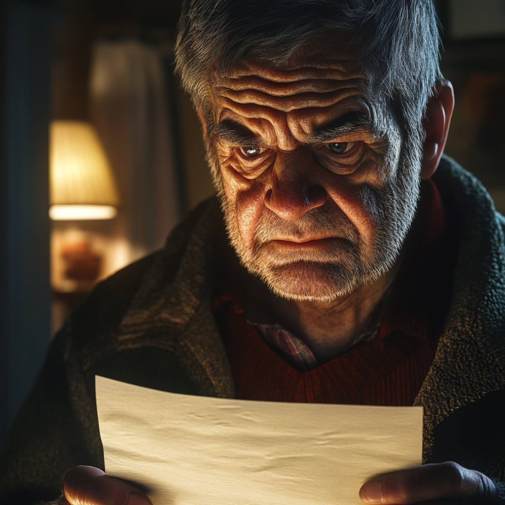 Un homme âgé secoué tenant une feuille de papier | Source : Midjourney