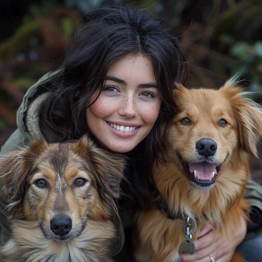 Une femme avec ses deux chiens | Source : Midjourney