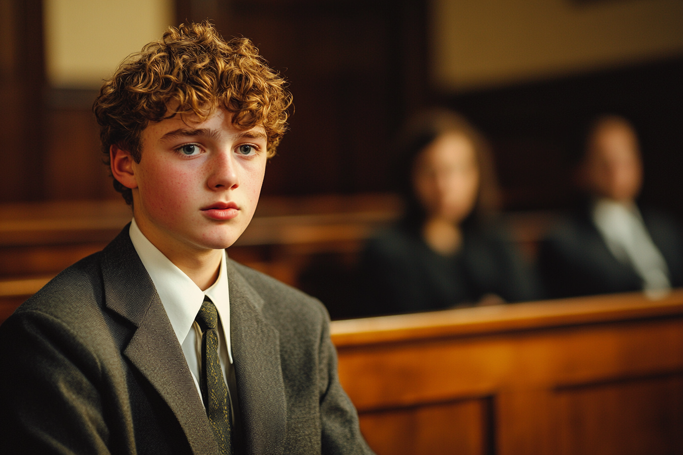 Un jeune homme inquiet dans une salle d'audience | Source : Midjourney