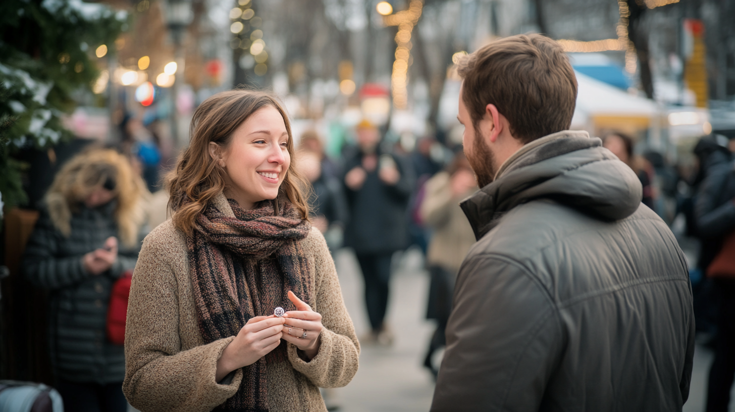 Une femme qui sourit devant un homme | Source : Midjourney