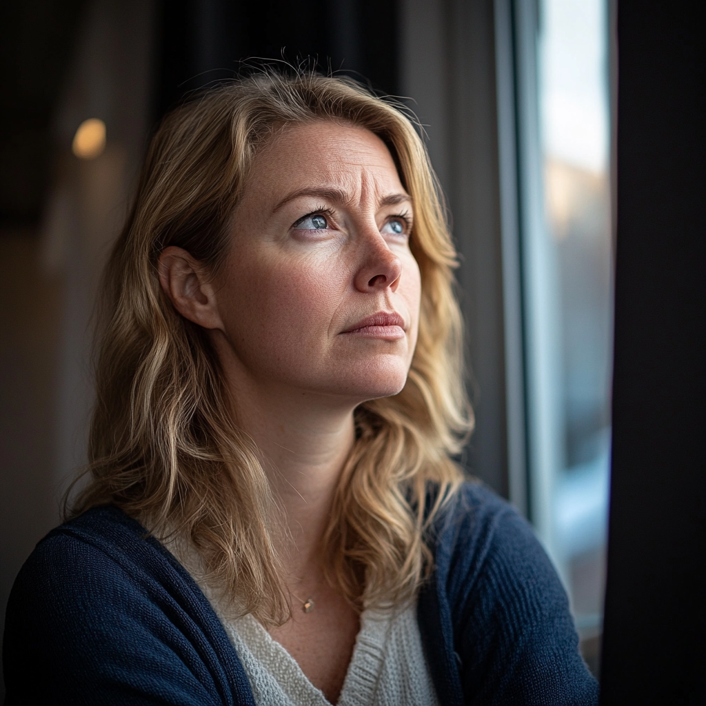 Une femme a l'air pensif alors qu'elle est assise dans sa chambre et qu'elle regarde par la fenêtre | Source : Midjourney