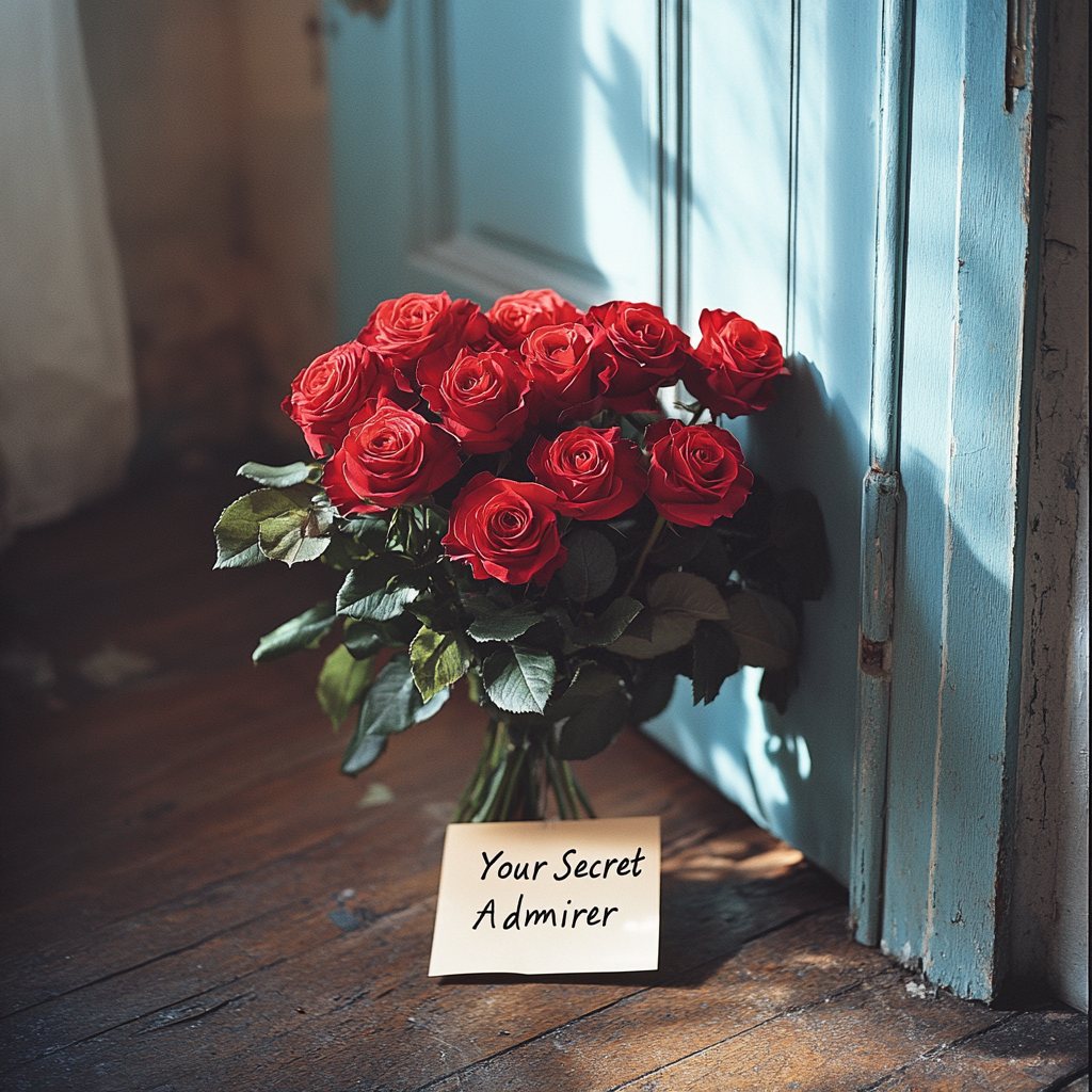 Le bouquet de roses qu'Emily a laissé sur la porte d'entrée de ses parents | Source : Midjourney