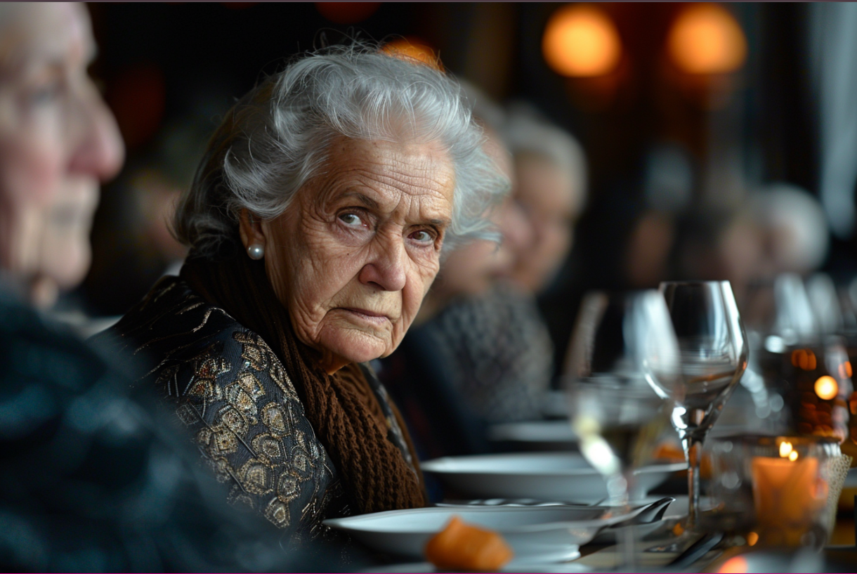 Une femme âgée assise à une table pleine dans un restaurant | Source : Midjourney