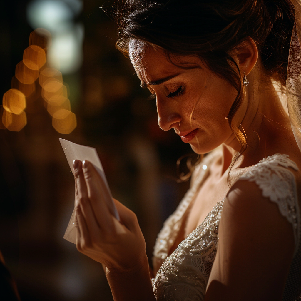 Une mariée en pleurs qui regarde des photos | Source : Midjourney