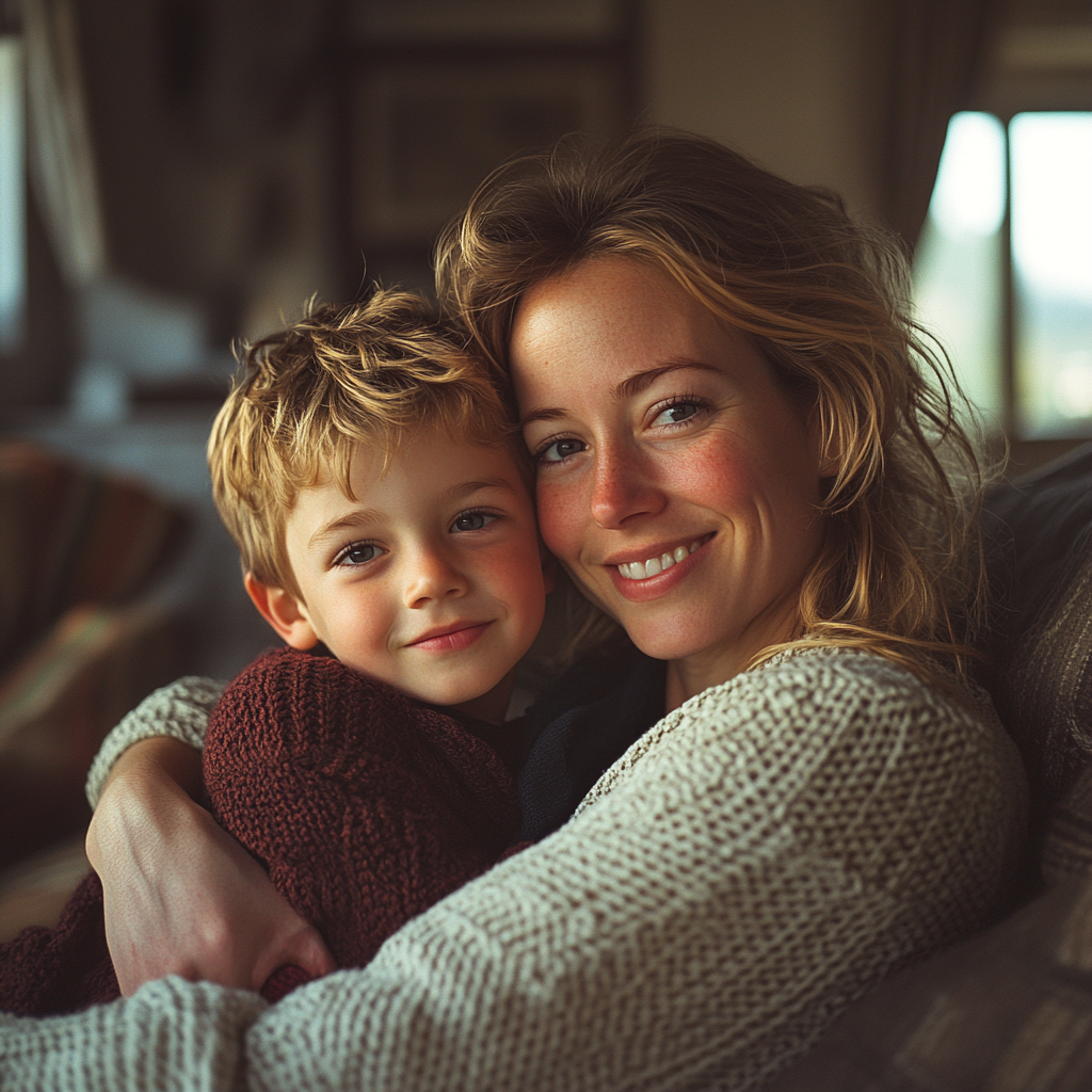 Une femme heureuse tenant un enfant dans ses bras | Source : Midjourney