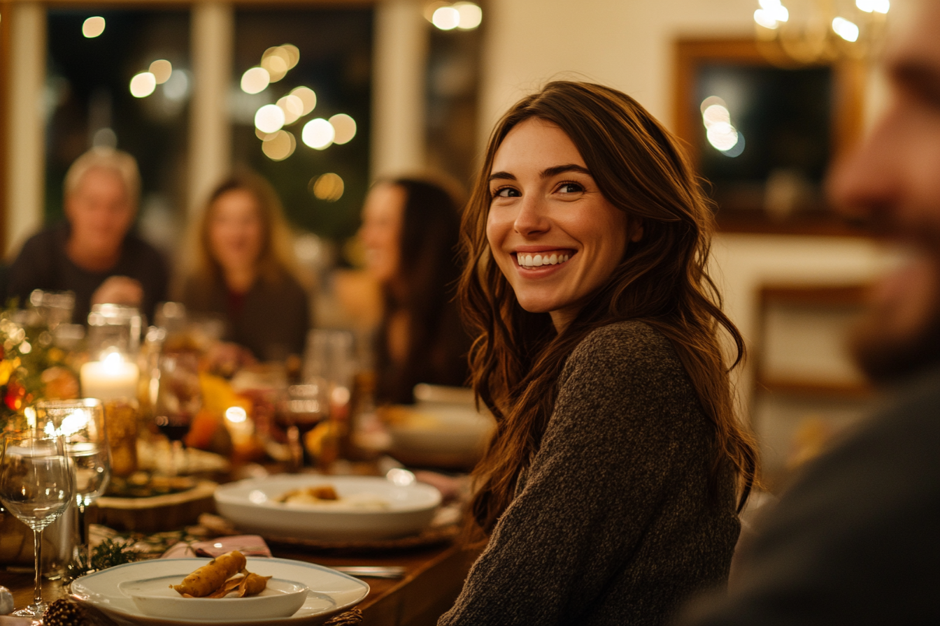 Une femme a l'air heureuse à la table à manger | Source : Midjourney