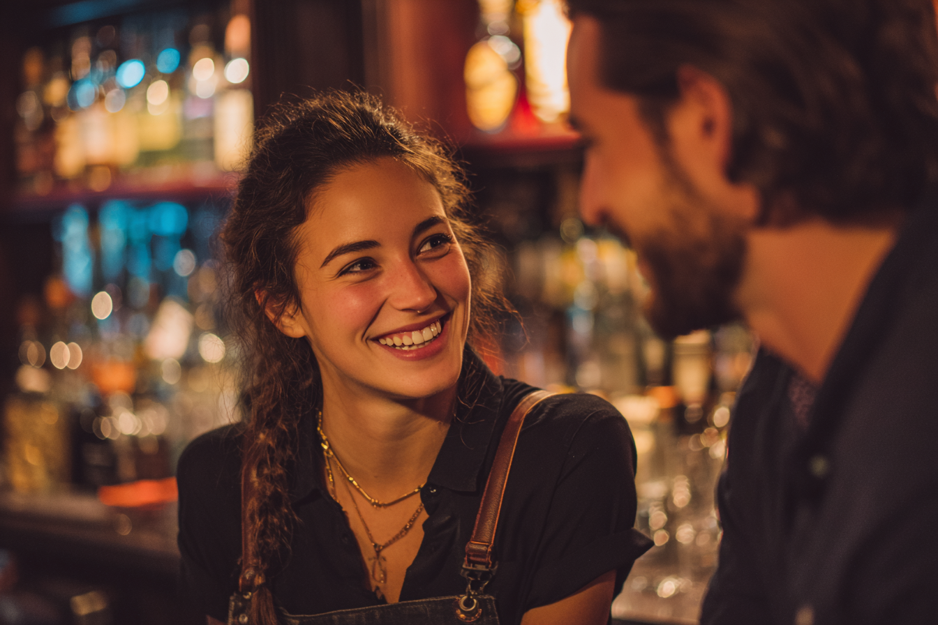 Une serveuse qui rit avec un client dans un bar | Source : Midjourney
