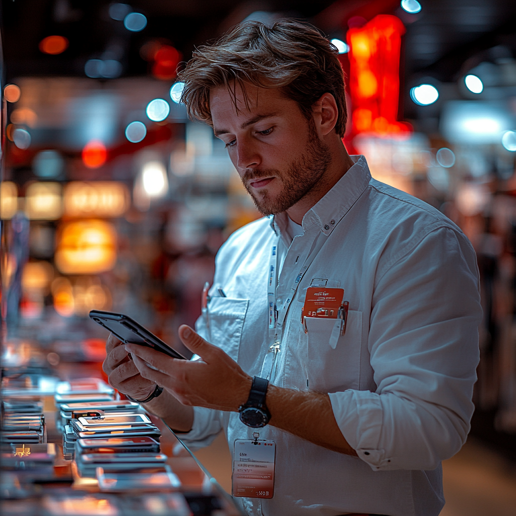 Un homme inspecte un téléphone | Source : Midjourney