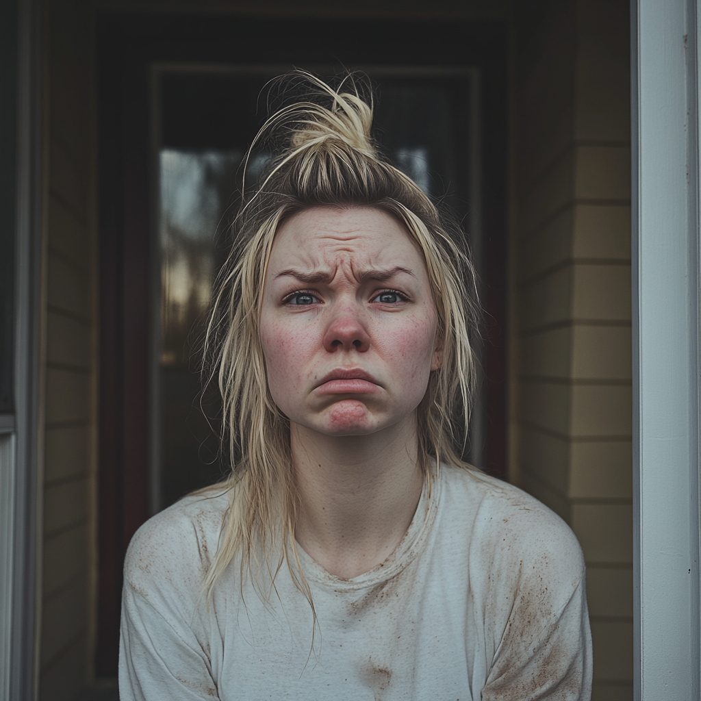 Une femme aux cheveux blonds qui a l'air désespérée et triste alors qu'elle se tient à l'extérieur d'une maison | Source : Midjourney