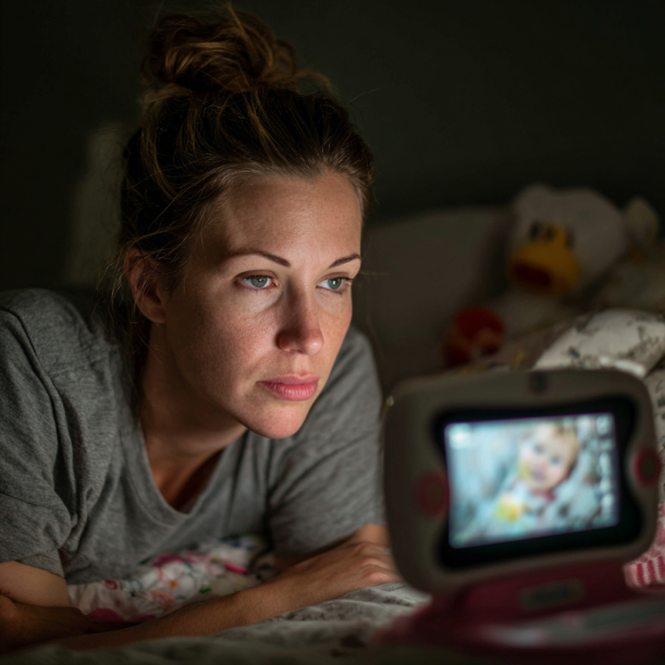 Une mère qui regarde le moniteur de son bébé en pensant | Source : Midjourney