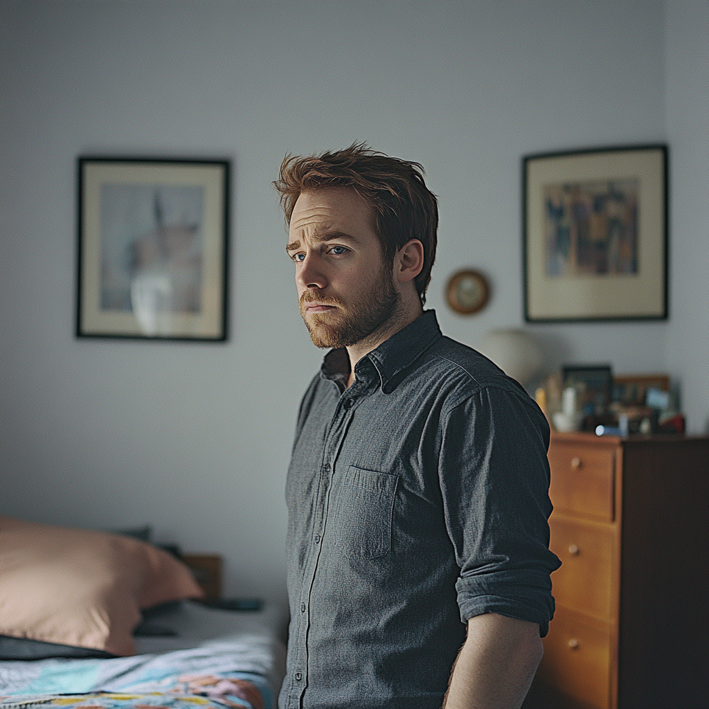 Un homme malheureux debout dans sa chambre | Source : Midjourney