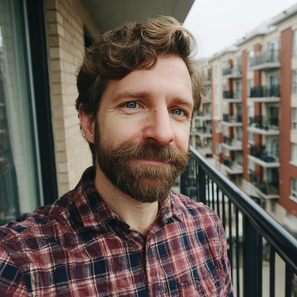 Un homme souriant debout sur un balcon | Source : Midjourney