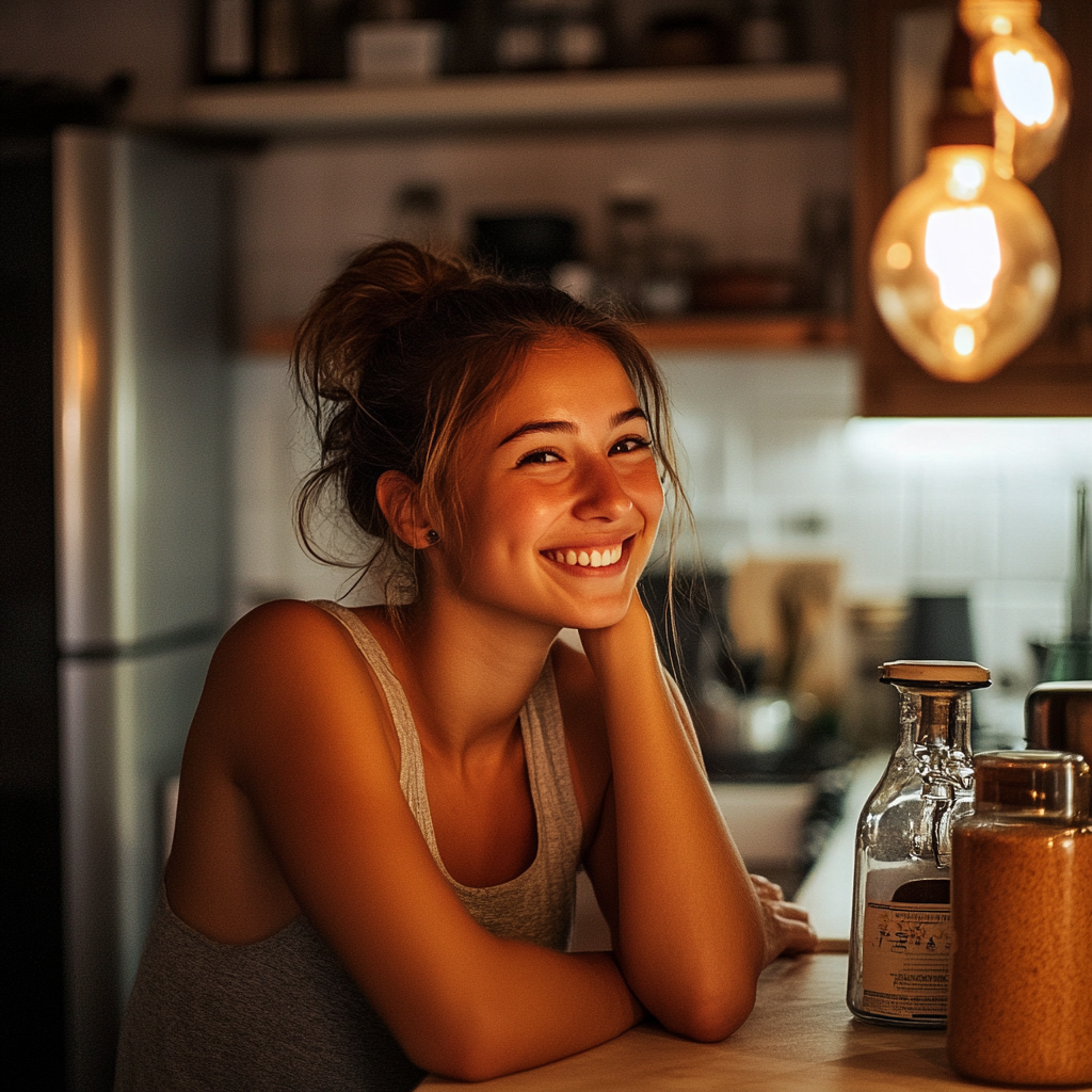 A woman laughing in her kitchen | Source: Midjourney