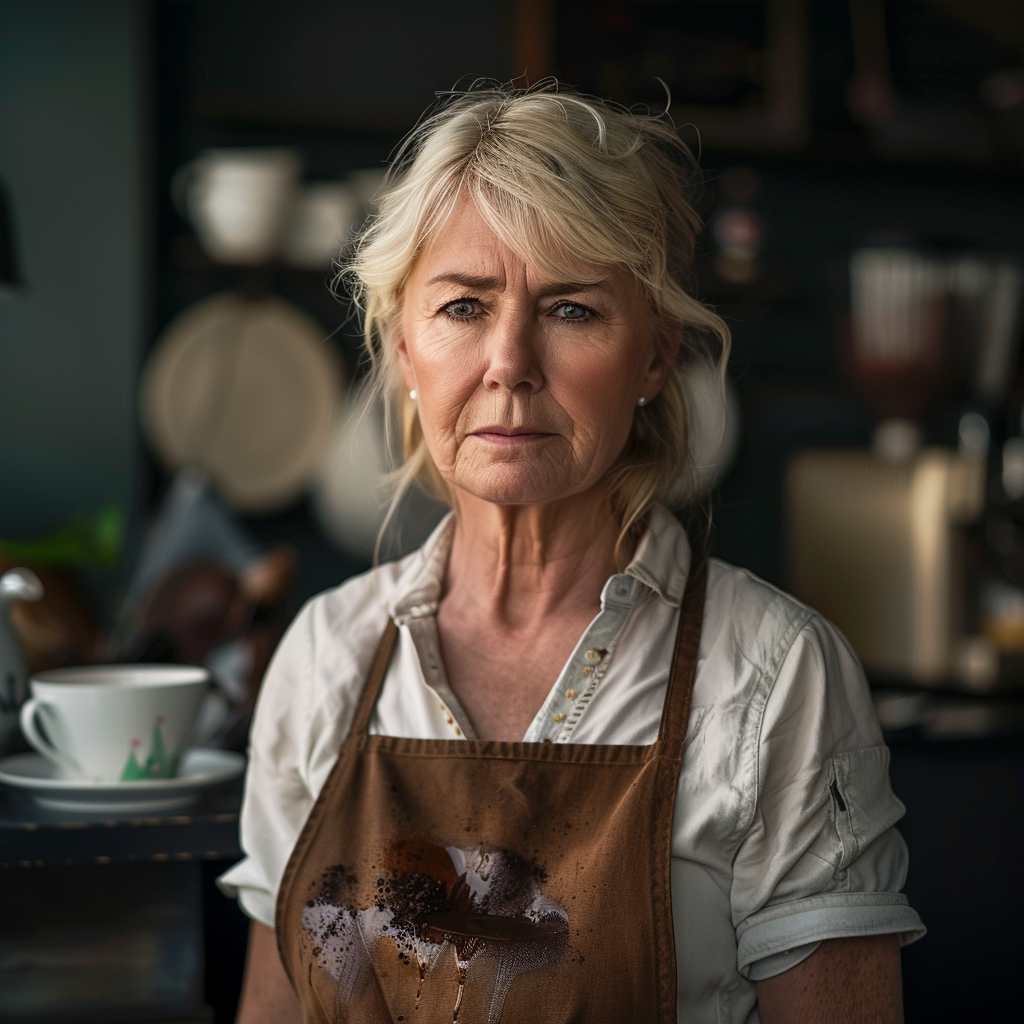 Une serveuse avec des taches de café sur sa robe | Source : Midjourney
