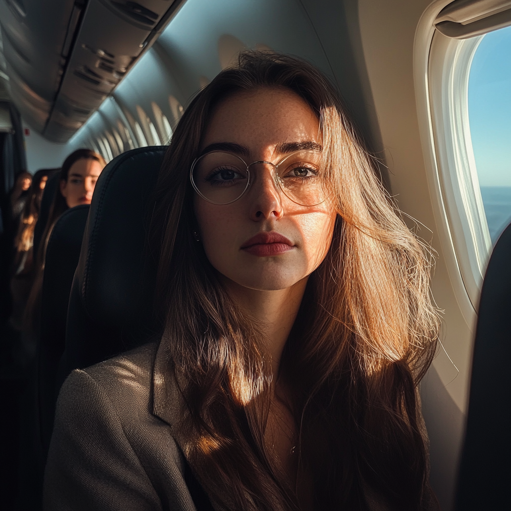 Femme dans un avion rempli de passagers | Source : Midjourney