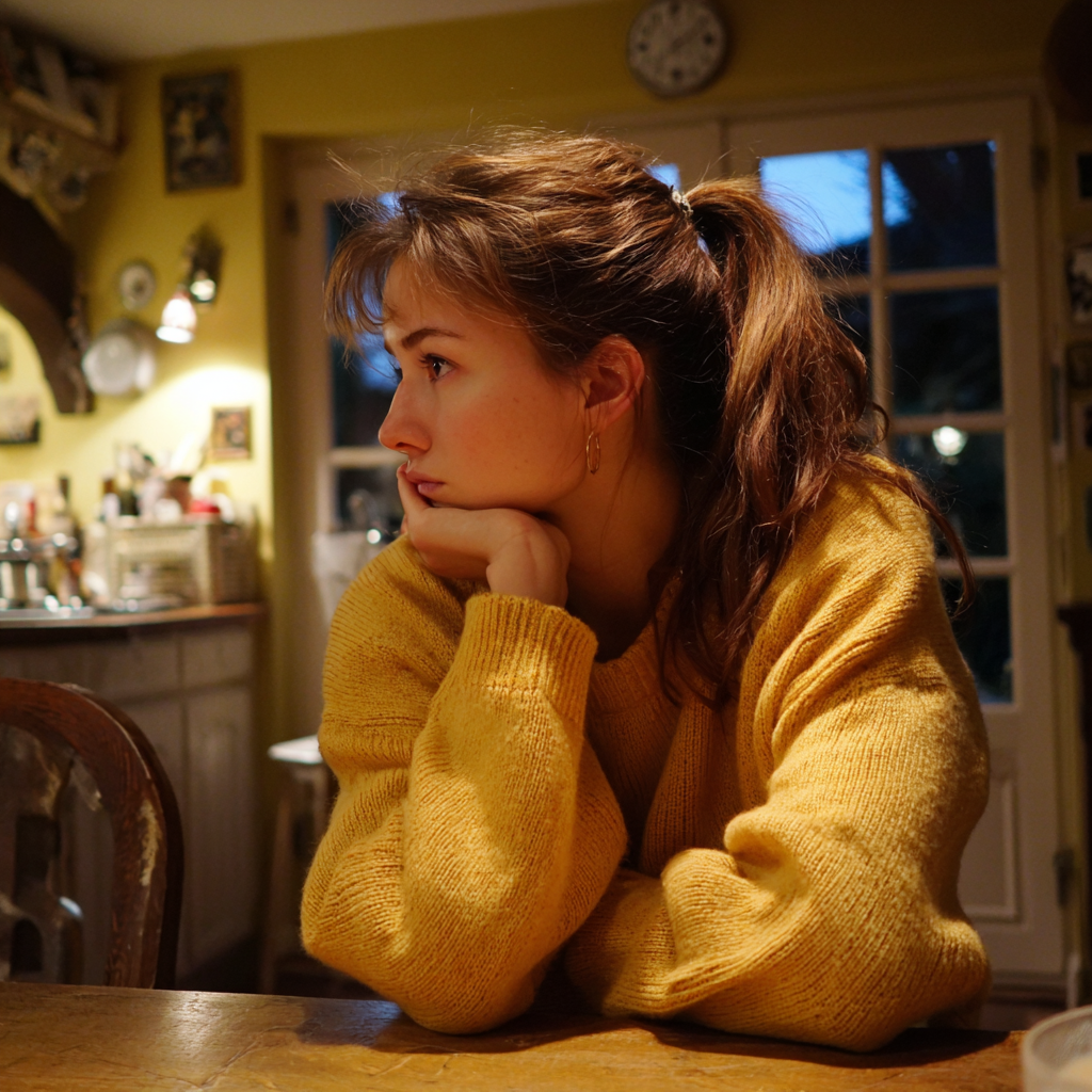 Une jeune femme pensive assise à une table de dîner | Source : Midjourney
