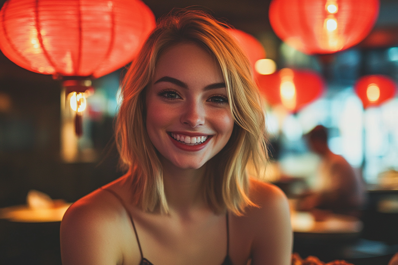 Une femme sourit au Restaurant chinois | Source : Midjourney