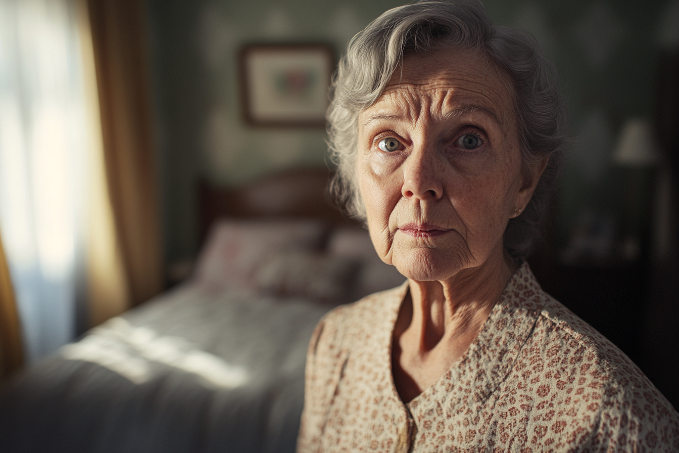 Une femme âgée debout dans une chambre à coucher | Source : Midjourney