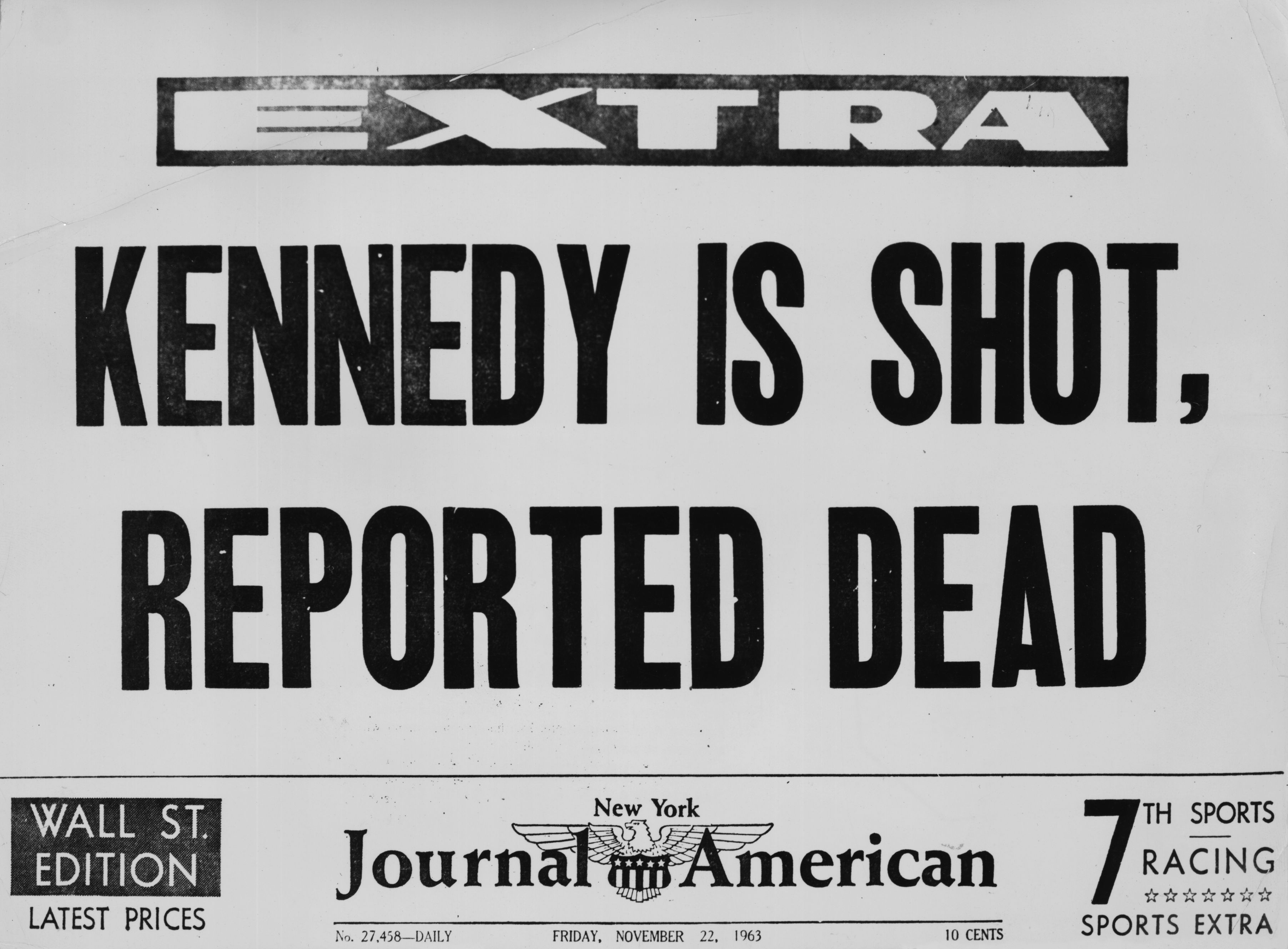 La première page du New York American Journal, annonçant que le président John F. Kennedy a été abattu et serait mort | Source : Getty Images