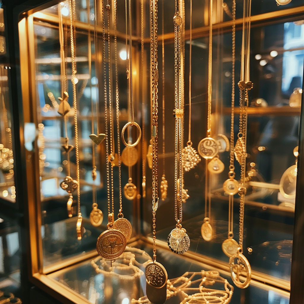 An exhibition of gold necklaces | Source: Midjourney