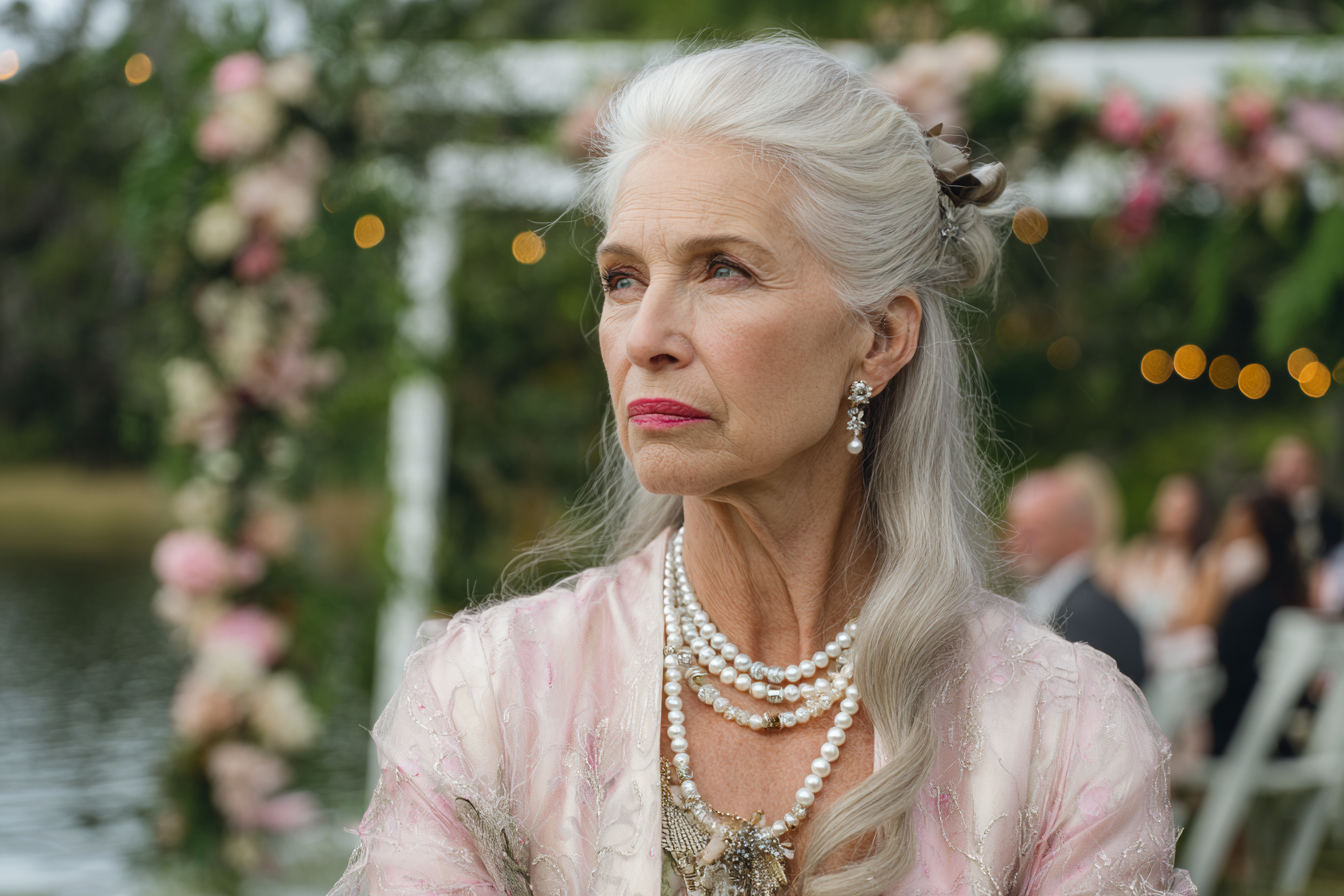 Une femme âgée à un mariage en plein air | Source : Midjourney