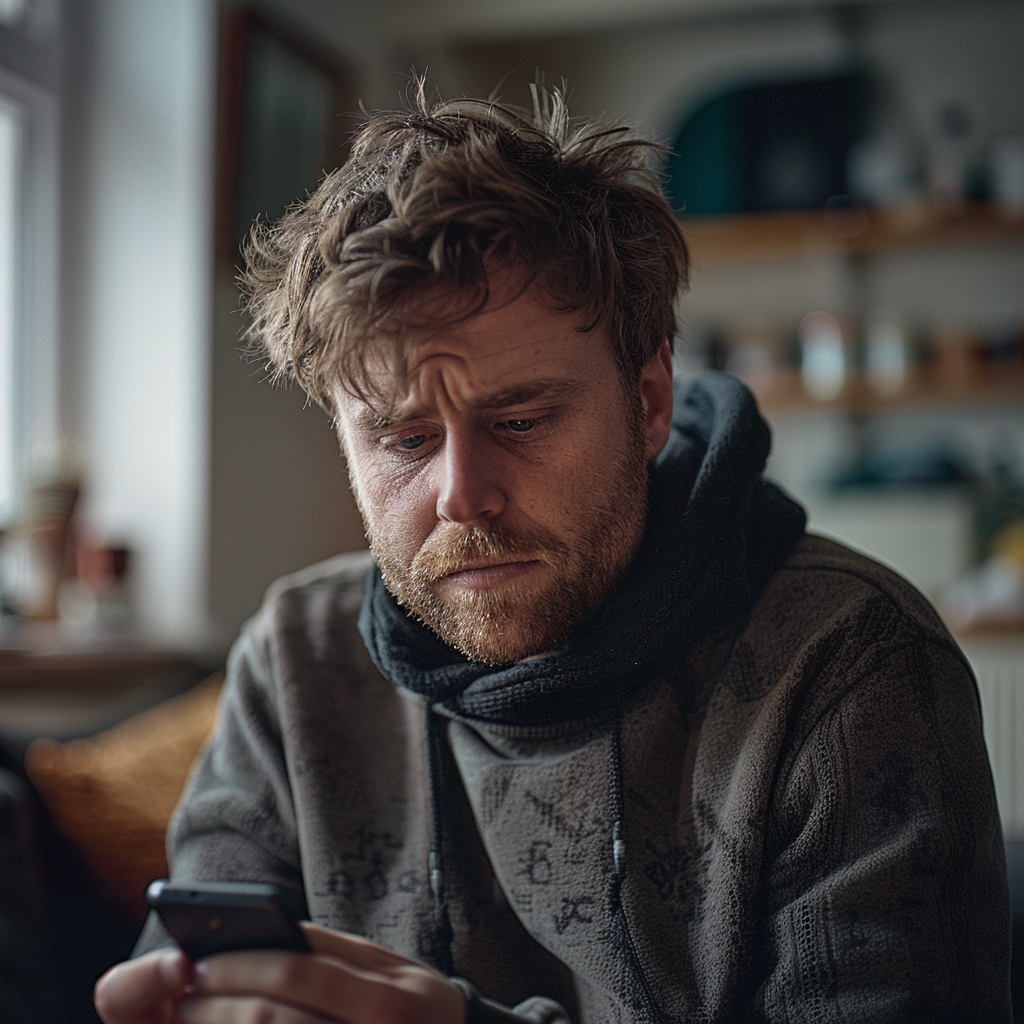 Un homme triste qui regarde le téléphone portable qu'il a dans les mains | Source : Midjourney