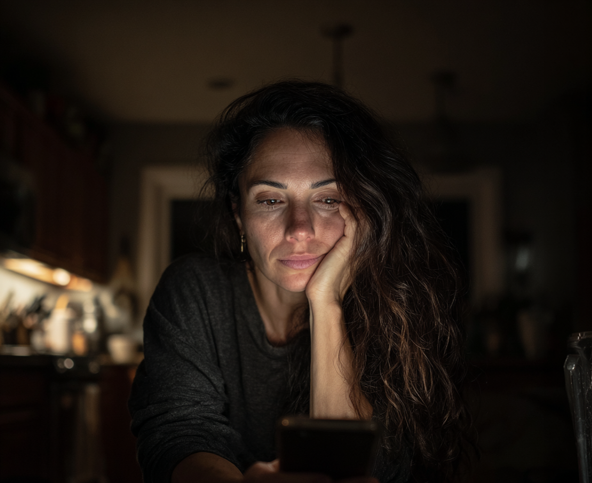 Une femme assise à une table de cuisine avec son téléphone | Source : Midjourney